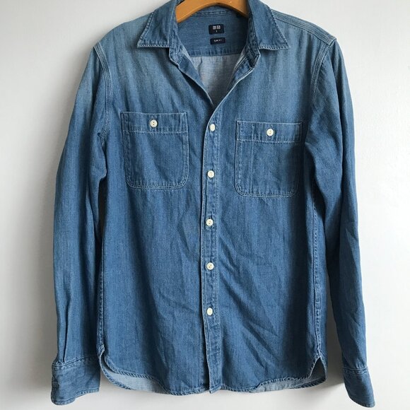 Uniqo Denim Shirt Blue Button Front Long Sleeve Mens Small - Picture 1 of 9